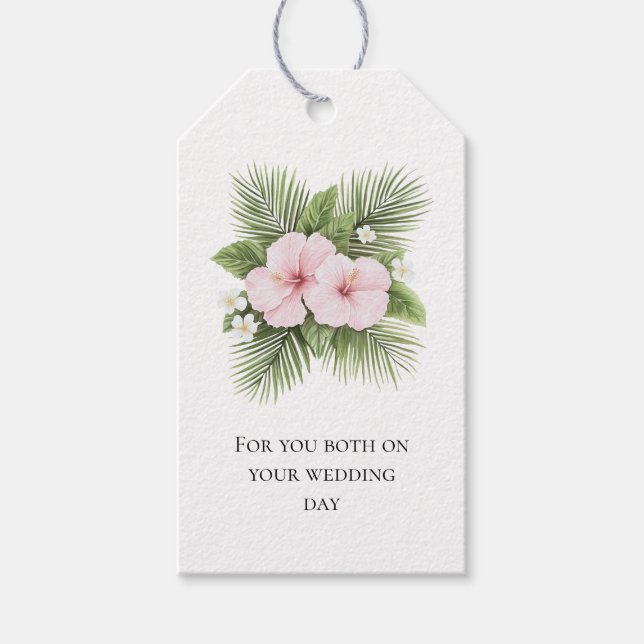 Tropisk blå Rosa Hibiscus Blommigt Bröllop Presentetikett (Framsidan)