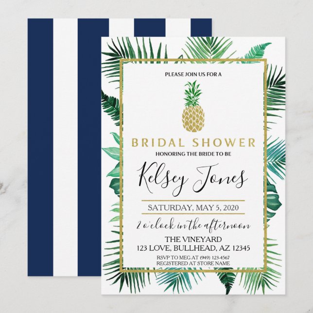Tropisk blad Ananas Marin och vit rand Inbjudningar (Fram/baksida)