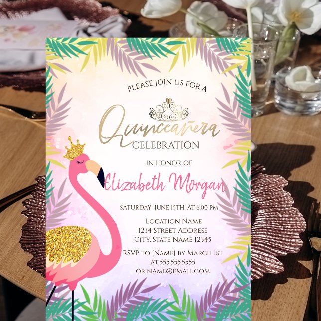 Tropisk blad Rosa Flamingo Quinceañera Inbjudningar (Skapare uppladdad)