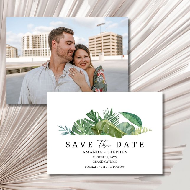 Tropisk bladfoto strand bröllop Spara datum Datumet (Tropical Leaf Photo Beach Wedding Save the Date )