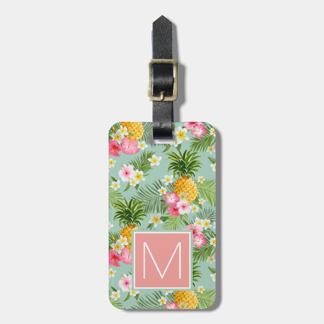 Tropisk blomma- & för ananas | Monogram Bagagebricka (Vertikal Framsida)