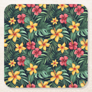 Tropisk blomma Hibiscus Seamless Mönster Underlägg Papper Kvadrat