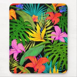 Tropisk blomma och handflatan löv Hawaii färgad Musmatta
