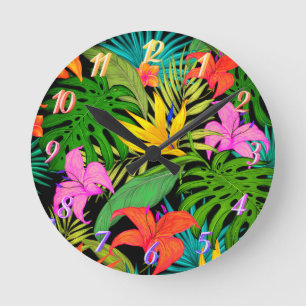 Tropisk blomma och handflatan löv Hawaii färgad Rund Klocka