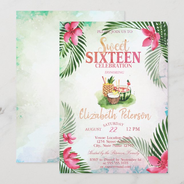 Tropisk Blomma Palm CocktailSommar Söt 16 Födelsed Inbjudningar (Fram/baksida)
