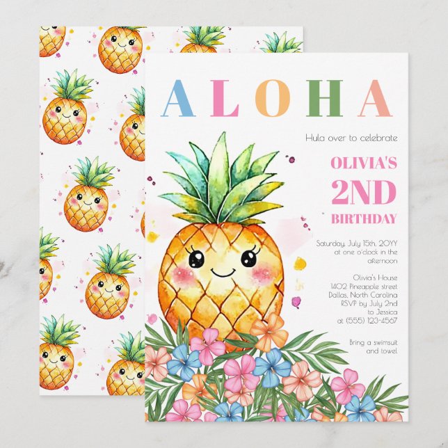 Tropisk Blommig Ananas Aloha 2-års Födelsedagsfest Inbjudningar (Fram/baksida)