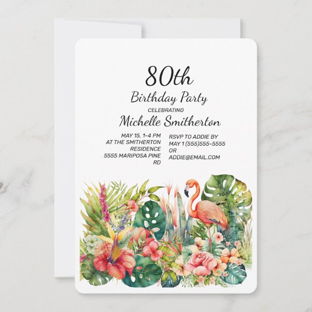 Tropisk Blommig Flamingo 80-årsdag  Inbjudningar (Framsida)
