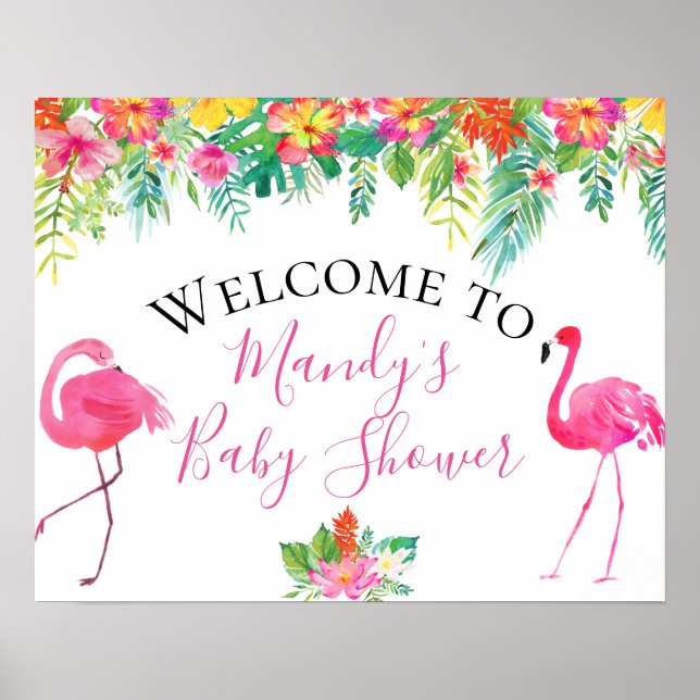 Tropisk Blommig Flamingo Bebis Shower Skylt (Framsidan)