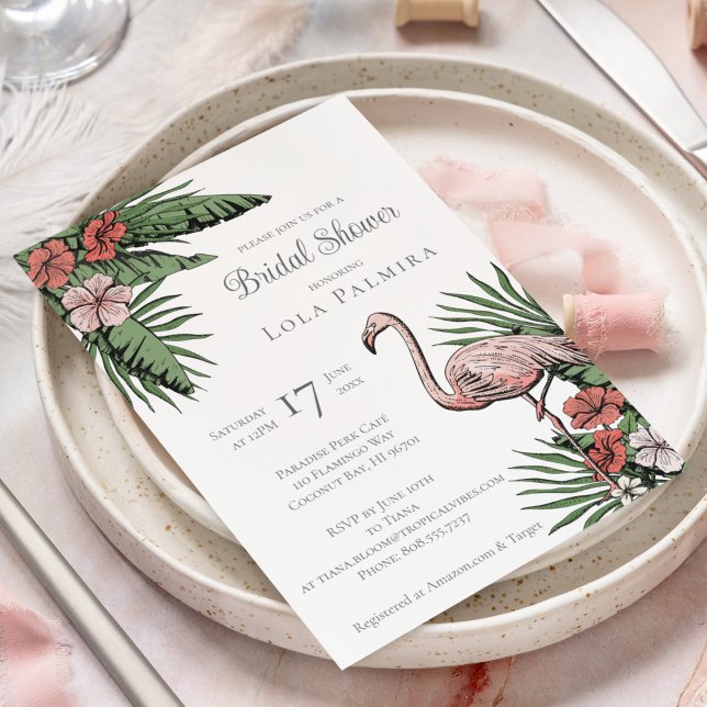 Tropisk Blommig Flamingo Gul Bröllopsfest Inbjudningar (Elegant Tropical Bridal Shower Design. Hand-Drawn Pink Flamingo, Hibiscus Flowers, Tropical Greenery)