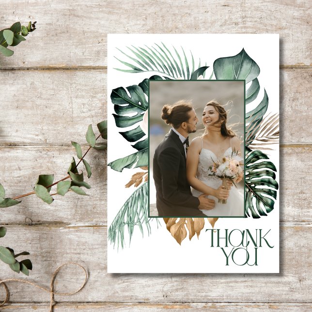 Tropisk Blommigt 2 Photo Beach Wedding Tack Kort (Tropical Floral 2 Photo Beach Wedding Thank You Card)