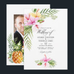 Tropisk Blommigt Aloha Bröllop Photo Inbjudningar<br><div class="desc">Fotoinbjudan med vattenfärg bröllop med rosa och orange hibiscus med elegant-kalligrafi designad för att snabbt och enkelt kunna anpassas till dina händelsespecifikationer. Bilden på baksidan är valfri. Om du hellre vill ta bort den, rulla ned till grund i "Anpassa den här mallen" och klicka på "Redigera med Design Verktyg". I...</div>