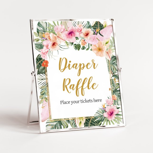 Tropisk Blommigt Aloha Diaper Raffle Poster (Girl Hawaiian Baby Shower Diaper Raffle Sign)