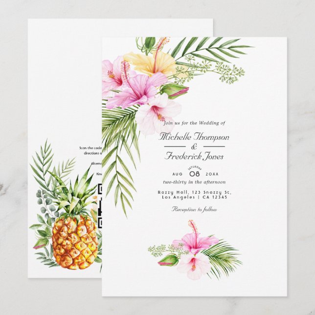 Tropisk Blommigt Aloha QR-kod OSA Bröllop Inbjudningar (Fram/baksida)