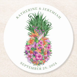 Tropisk Blommigt Ananas Elegant bröllop Underlägg Papper Rund