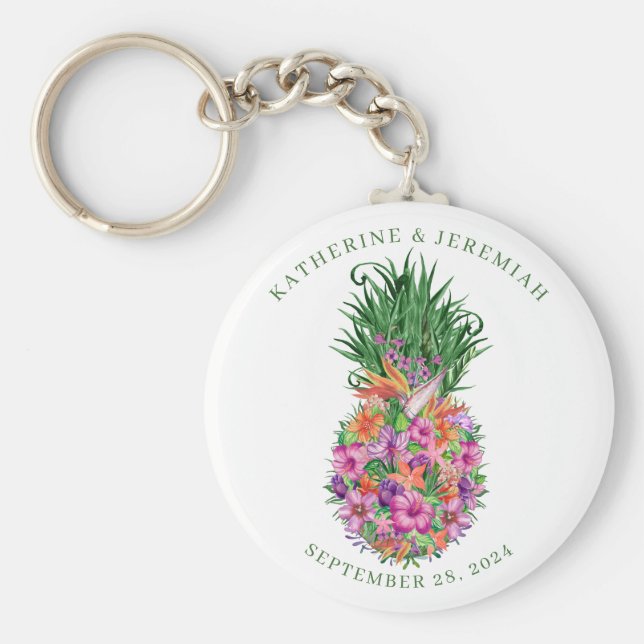Tropisk Blommigt Ananas Vattenfärg Bröllop Nyckelring (Framsidan)