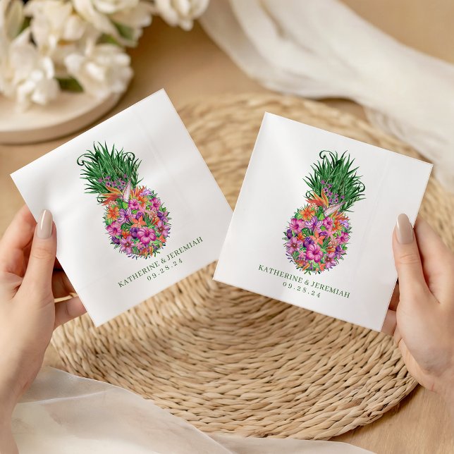 Tropisk Blommigt Ananas Vattenfärg Bröllop Pappersservett (Tropical Floral Pineapple Watercolor Wedding Napkins)