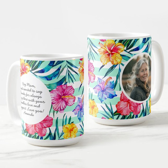 Tropisk Blommigt | Aqua Rand | Mors dag Photo Kaffemugg (Tropical Floral | Aqua Stripe | Mother's Day Photo Coffee Mug)