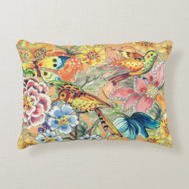 Tropisk Blommigt Bird Butterfly Oriental Peach Prydnadskudde