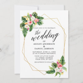 Tropisk Blommigt Bröllop Calligraphy Guld Geo Ram Inbjudningar