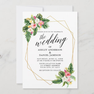 Tropisk Blommigt Bröllop Calligraphy Guld Geo Ram Inbjudningar