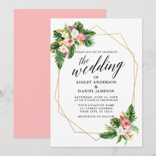 Tropisk Blommigt Bröllop Calligraphy Guld Ram Inbjudningar