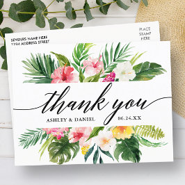 Tropisk Blommigt Bröllop Calligraphy Tack Vykort