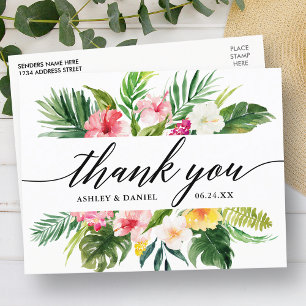 Tropisk Blommigt Bröllop Calligraphy Tack Vykort