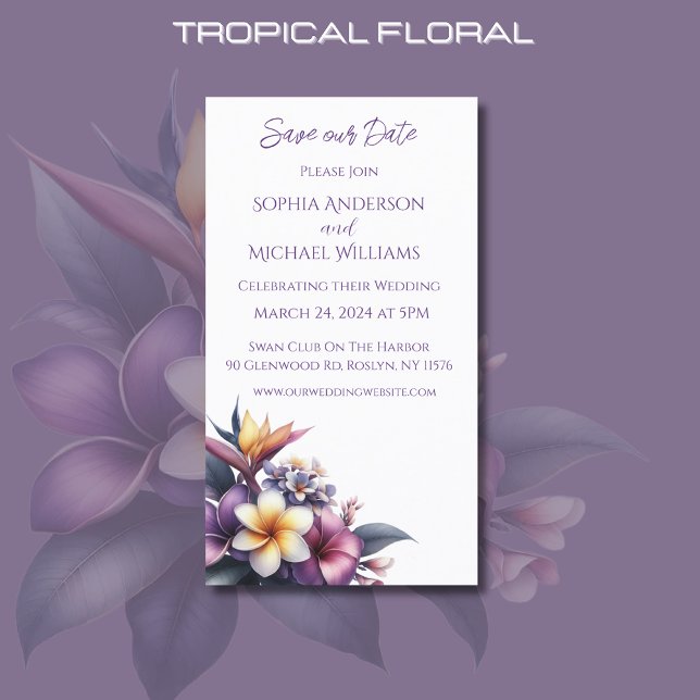 Tropisk Blommigt Bröllop-Spara datum- Visitkort (Tropical Floral Wedding Save the Date-Beach wedding-Coastal-Purple)