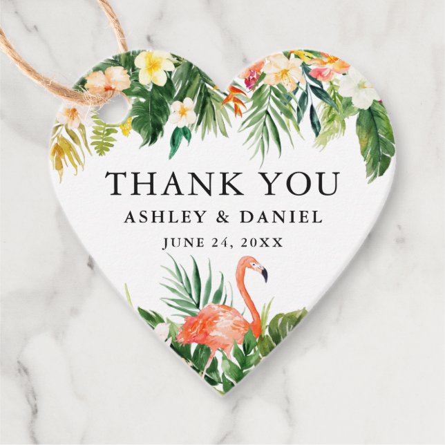 Tropisk Blommigt Bröllop Tack Flamingo Heart Gåvor Etiketter (Framsida)
