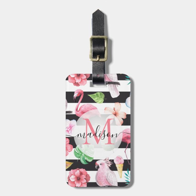 Tropisk Blommigt Flamingo Black Rand Monogram Bagagebricka (Vertikal Framsida)