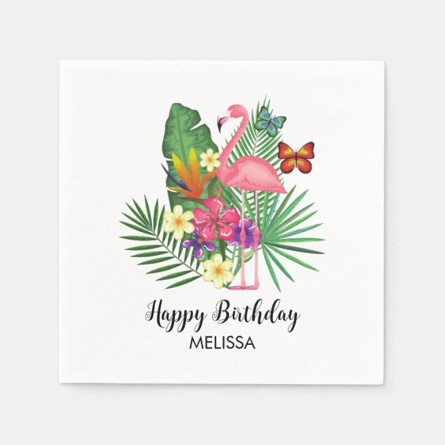 Tropisk Blommigt Flamingo Butterflies Birthday Pappersservett (Framsidan)