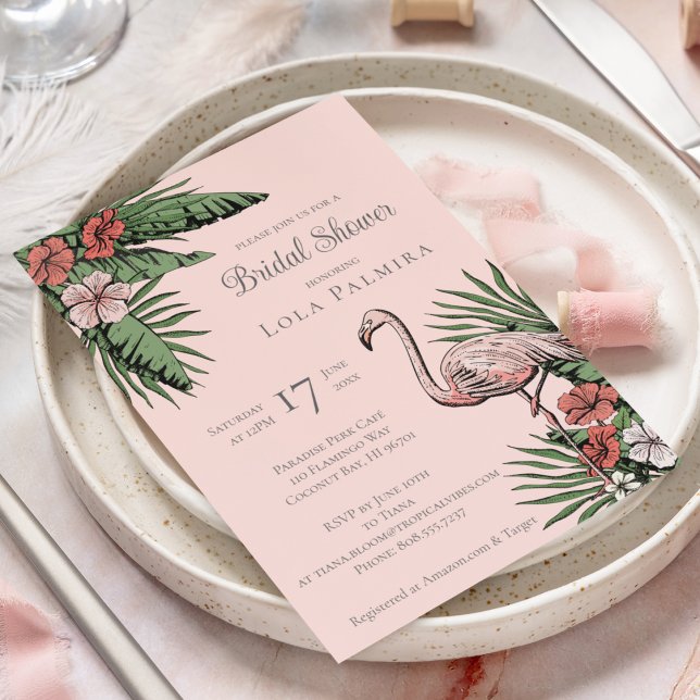 Tropisk Blommigt Flamingo Coral Möhippa Inbjudningar (Elegant Tropical Bridal Shower Design. Hand-Drawn Pink Flamingo, Hibiscus Flowers, Tropical Greenery)