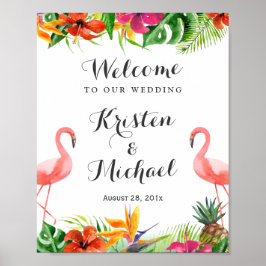 Tropisk Blommigt Flamingo Couple Luau Bröllop Sign Poster