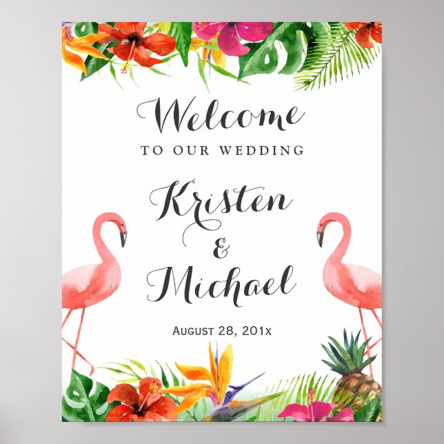 Tropisk Blommigt Flamingo Couple Luau Bröllop Sign Poster (Framsidan)