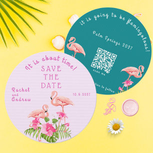 Tropisk Blommigt Flamingo Fold Rosa Grönt Bröllop Spara Datumet