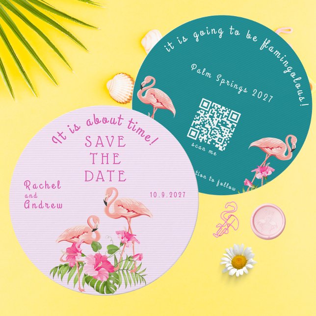 Tropisk Blommigt Flamingo Fold Rosa Grönt Bröllop Spara Datumet (Tropical Floral Flamingo Bold Pink Green Wedding Save The Date)