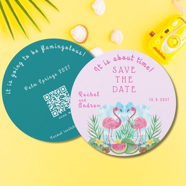 Tropisk Blommigt Flamingo Fold Rosa Grönt Bröllop Spara Datumet (Tropical Floral Flamingo Bold Pink Green Wedding Save The Date)