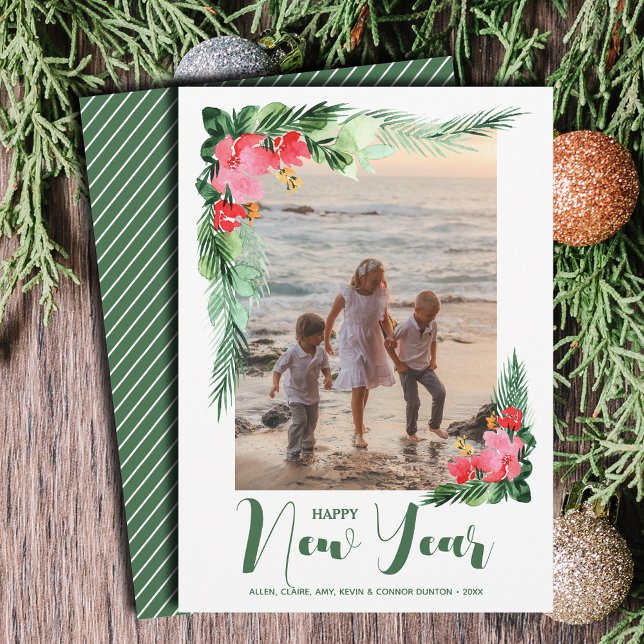 Tropisk Blommigt Gott nytt år Photo Julkort (Tropical Floral Happy New Year Photo Holiday Cards - Order INSTANT DOWNLOAD and/or PRINTED or both!)