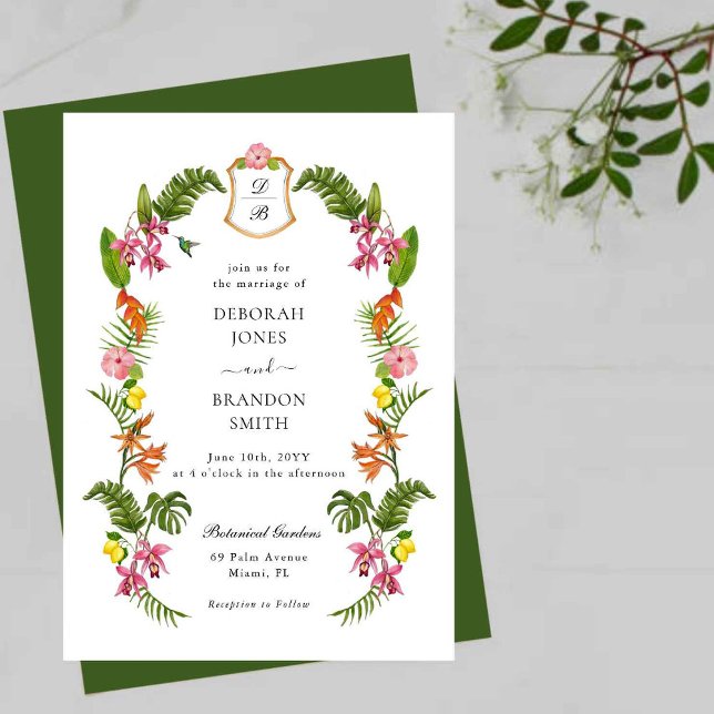Tropisk Blommigt & Greenery Monogrammed Inbjudningar (Skapare uppladdad)