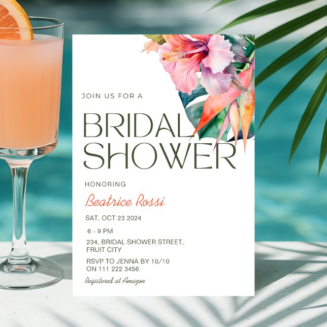 Tropisk Blommigt Hibiscus Hawaii Möhippa Inbjudningar (Tropical Floral Hibiscus Hawaiian Bridal Shower Invitation)