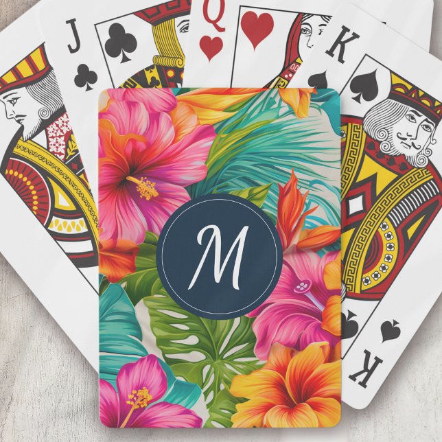 Tropisk Blommigt Hibiscus Monogram Casinokort (Skapare uppladdad)
