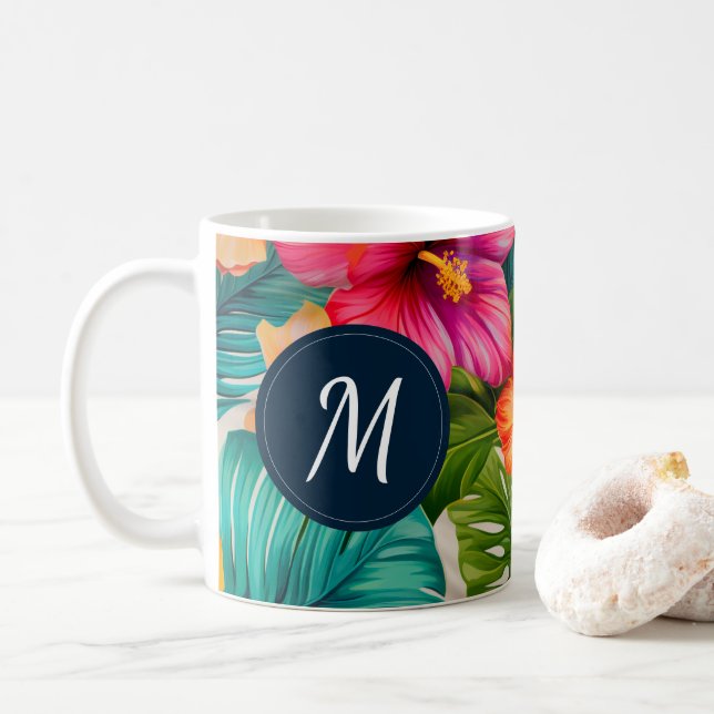 Tropisk Blommigt Hibiscus Monogram Kaffemugg (Med munk)