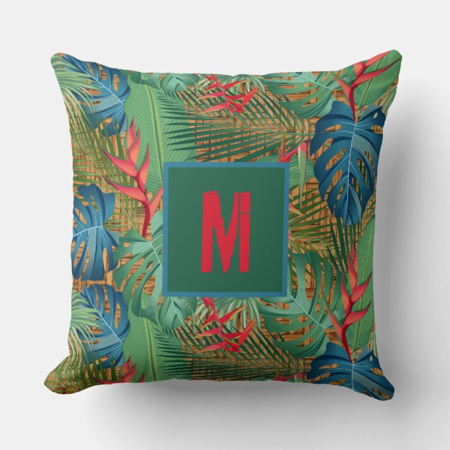 Tropisk Blommigt i monogrammet vid Wicker-utskrift Kudde (Framsida)