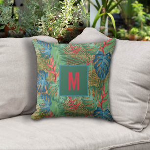 Tropisk Blommigt i monogrammet vid Wicker-utskrift Kudde