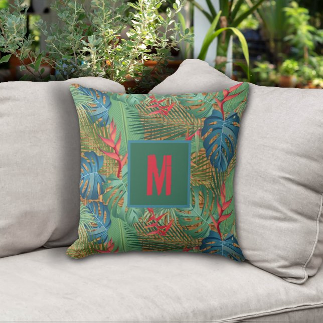 Tropisk Blommigt i monogrammet vid Wicker-utskrift Kudde (Monogrammed Tropical Floral on Wicker Print Outdoor Pillow - 2 sizes)