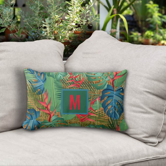 Tropisk Blommigt i monogrammet vid Wicker-utskrift Lumbarkudde (Monogrammed Tropical Floral on Wicker Print Lumbar Pillow - 2 more sizes in our collection)