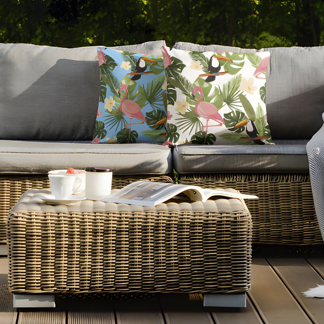 Tropisk Blommigt Löv Flamingo Toucan, sommartid Kudde (Skapare uppladdad)