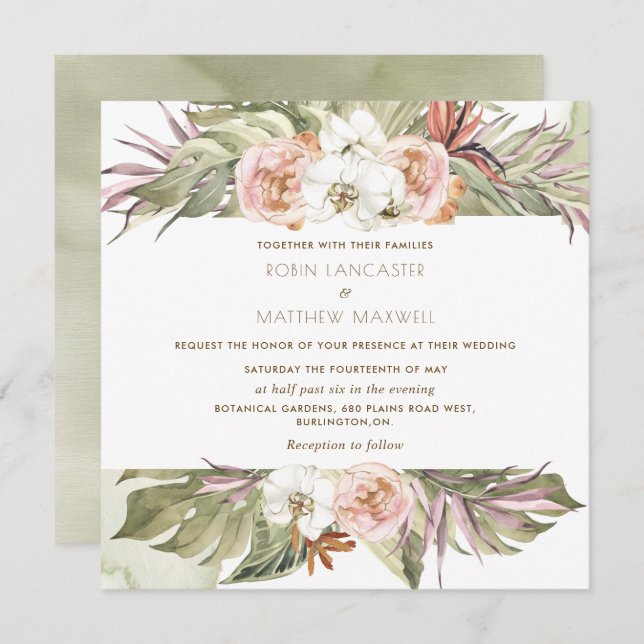 Tropisk Blommigt Löv, Grönt Square Bröllop i Handf Inbjudningar (Fram/baksida)