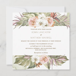 Tropisk Blommigt Löv, Grönt Square Bröllop i Handf Inbjudningar