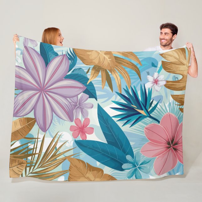 Tropisk Blommigt med Lush Löv och exotiska blodkro Fleecefilt (På plats)